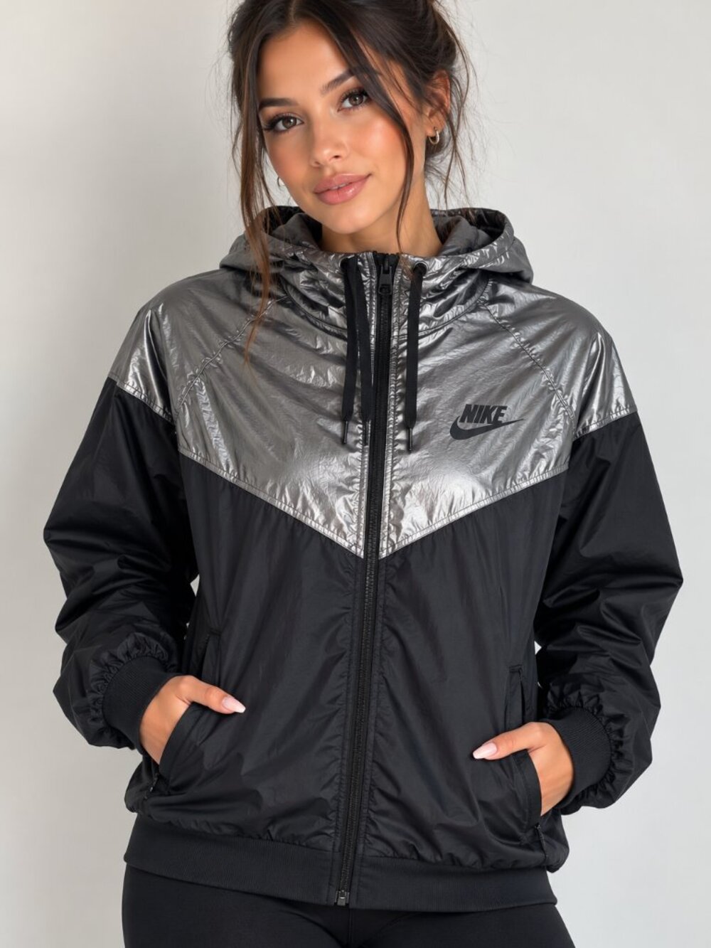NIKE Windrunner Metallic Silver Black Colorblock Track Jacket Women's Medium